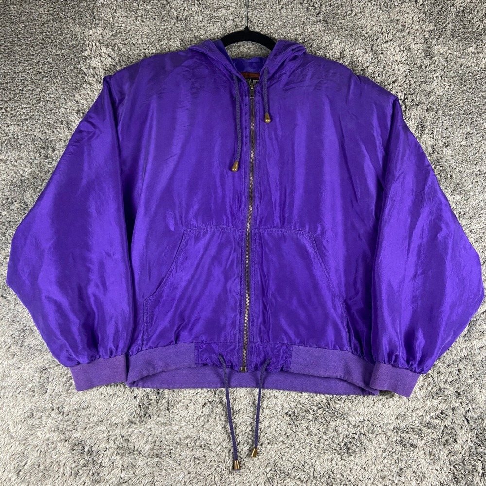 Vintage Otello Pelle Jacket Mens Large Purple Silk Hooded Full Zip Windbreaker